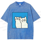 Unisex White Cats Printed Washed Tee