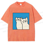 Unisex White Cats Printed Washed Tee