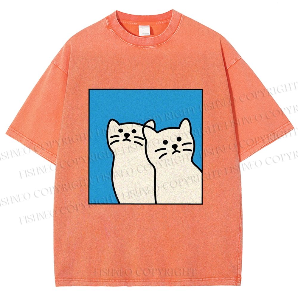 Unisex White Cats Printed Washed Tee