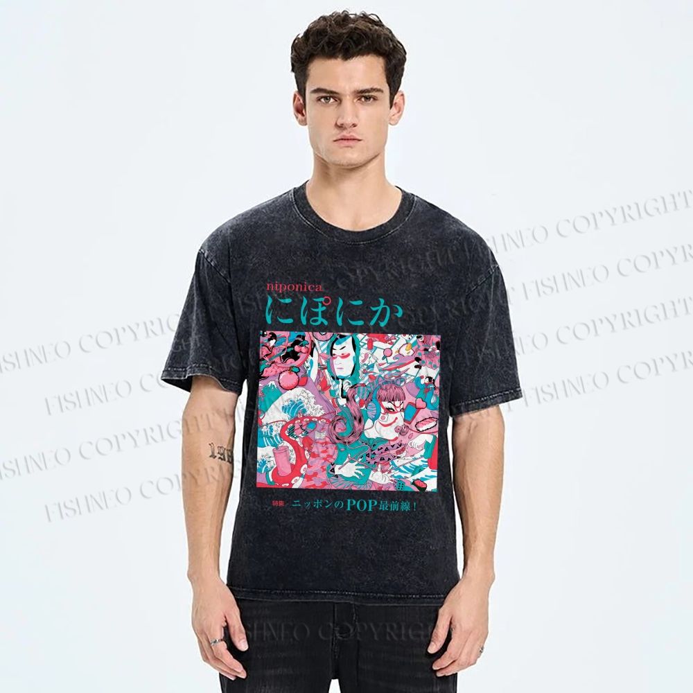 Unisex Japanese Art Ukiyo-e Poster Printed Washed Tee