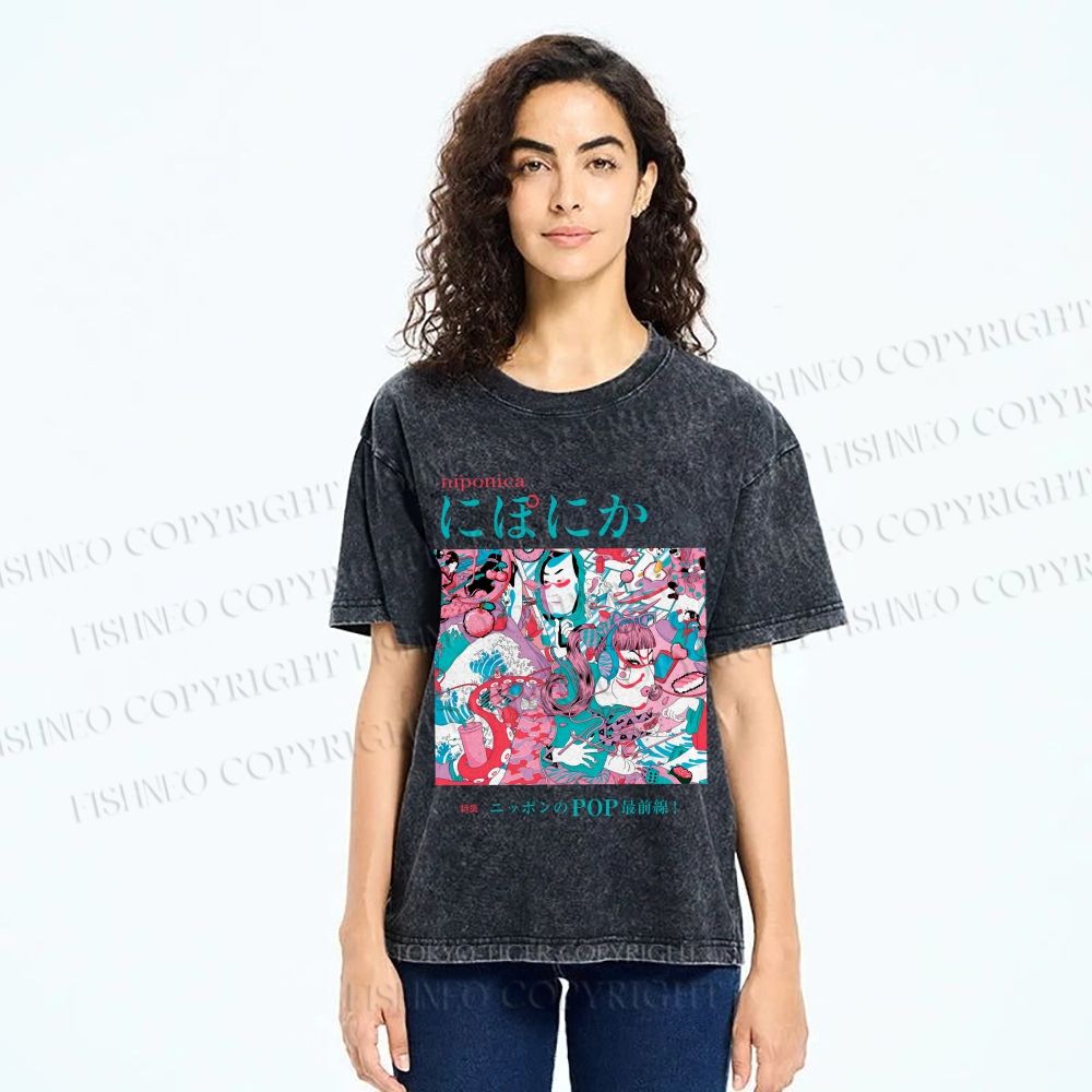Unisex Japanese Art Ukiyo-e Poster Printed Washed Tee