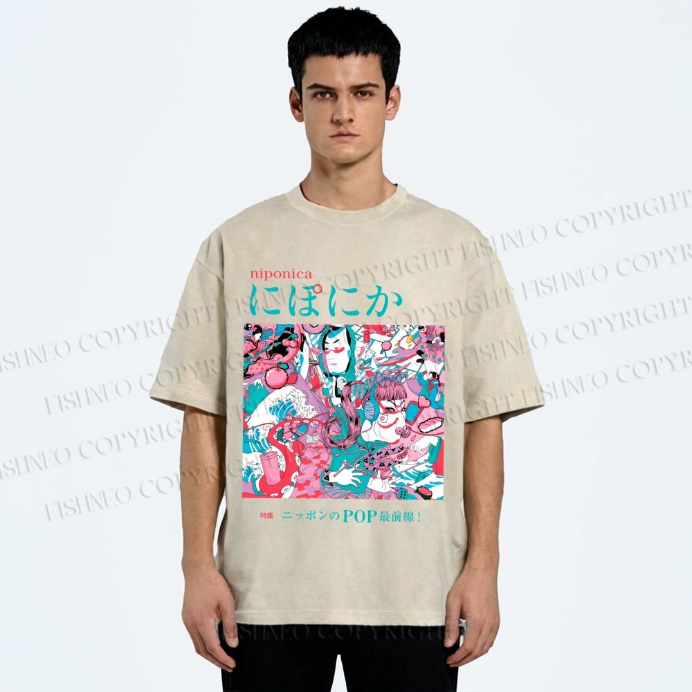 Unisex Japanese Art Ukiyo-e Poster Printed Washed Tee