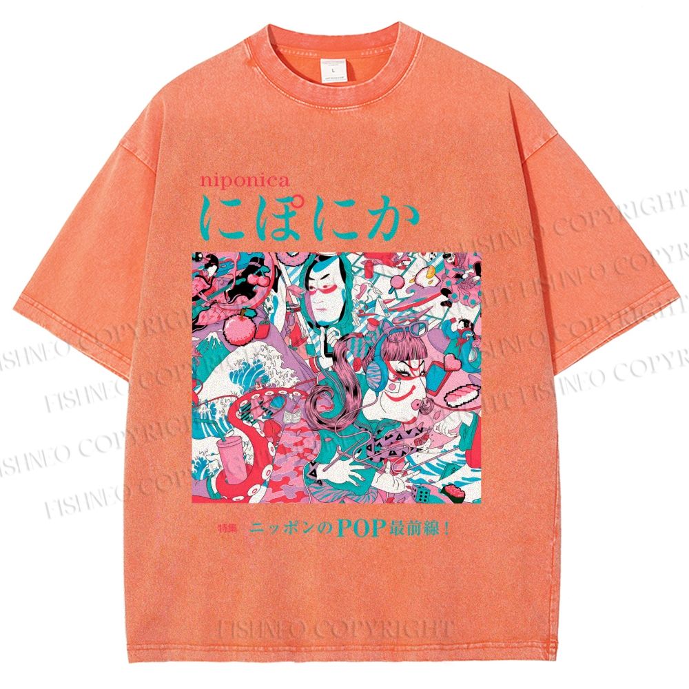Unisex Japanese Art Ukiyo-e Poster Printed Washed Tee