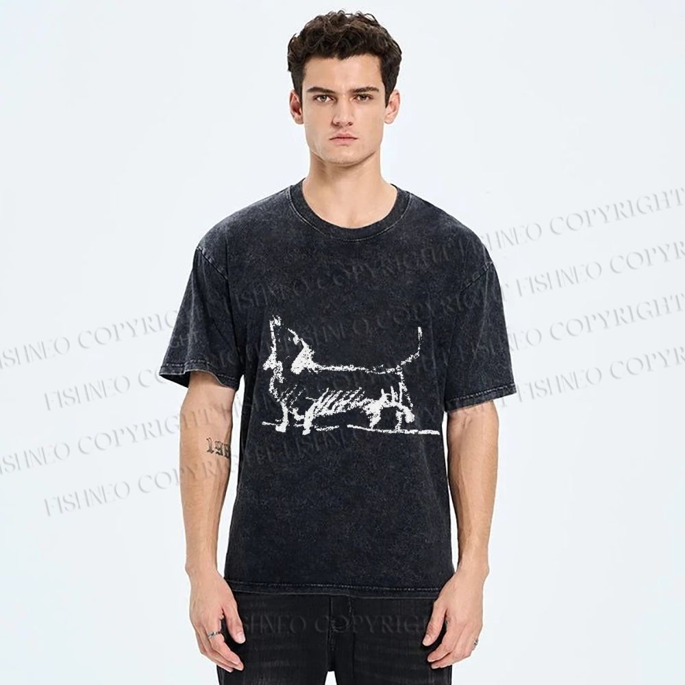 Unisex Dachshund Hand Drawing Dog Printed Washed Tee