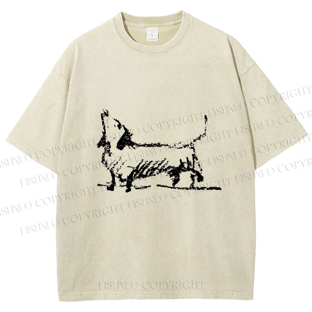 Unisex Dachshund Hand Drawing Dog Printed Washed Tee