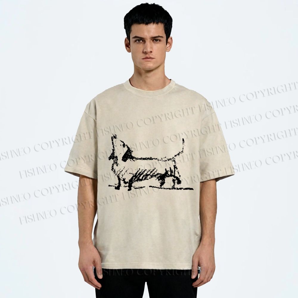 Unisex Dachshund Hand Drawing Dog Printed Washed Tee