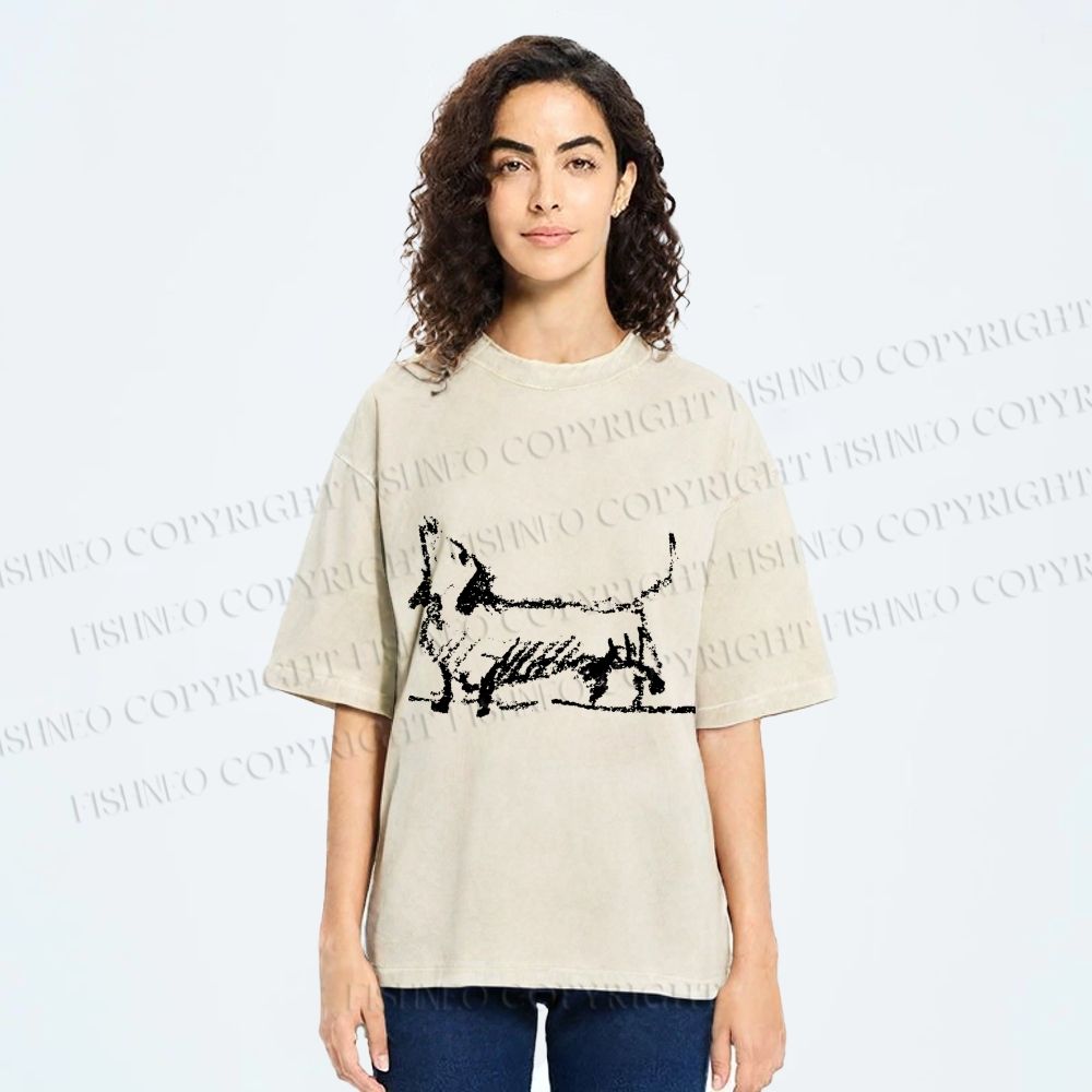 Unisex Dachshund Hand Drawing Dog Printed Washed Tee