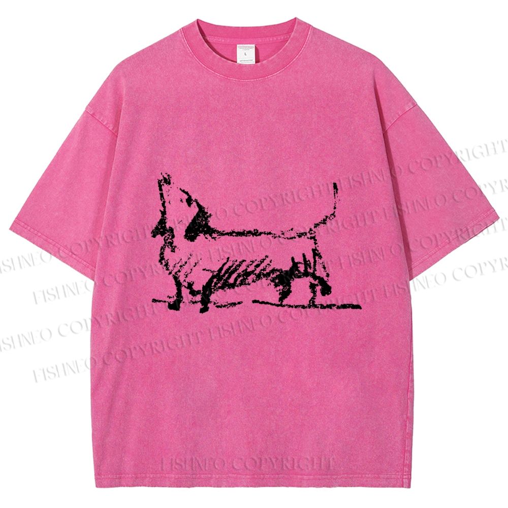 Unisex Dachshund Hand Drawing Dog Printed Washed Tee