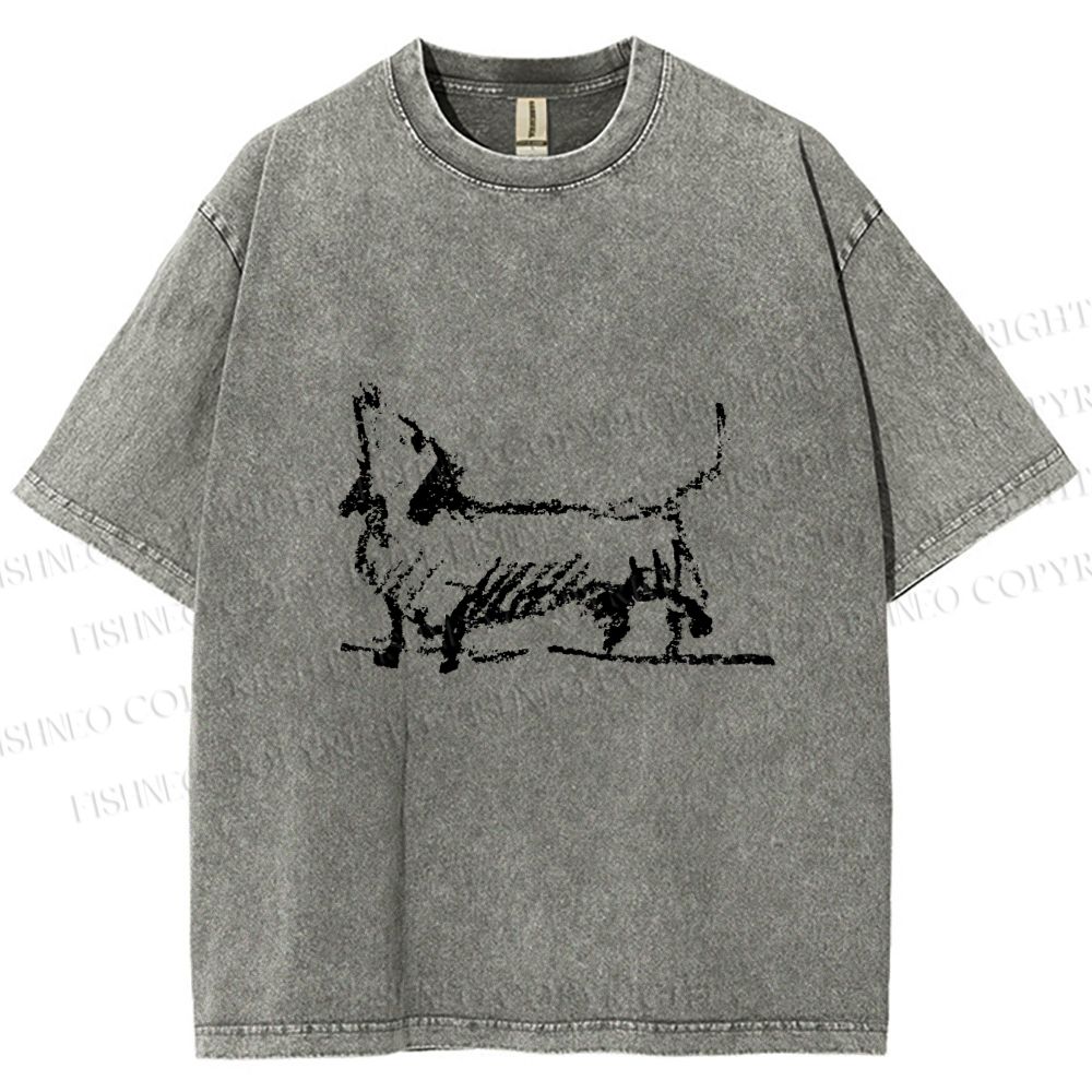Unisex Dachshund Hand Drawing Dog Printed Washed Tee