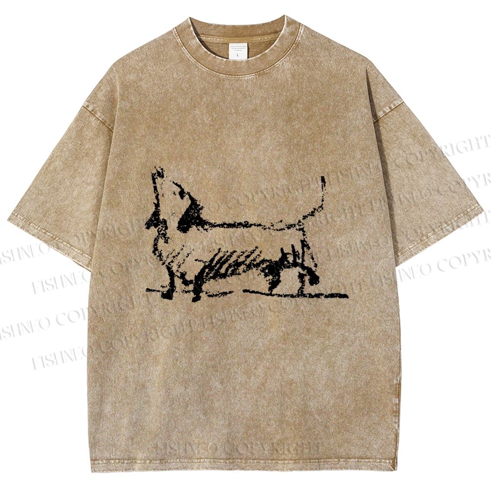 Unisex Dachshund Hand Drawing Dog Printed Washed Tee