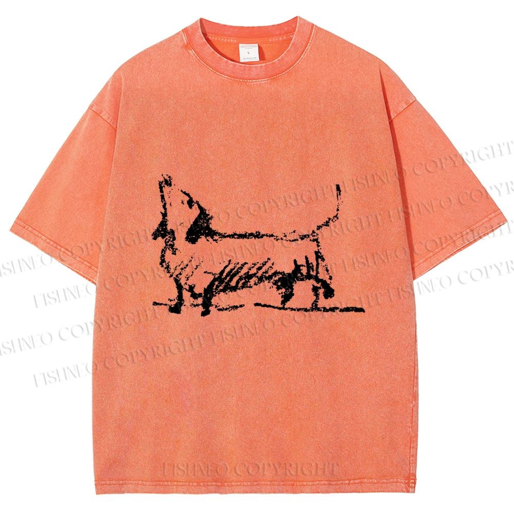Unisex Dachshund Hand Drawing Dog Printed Washed Tee