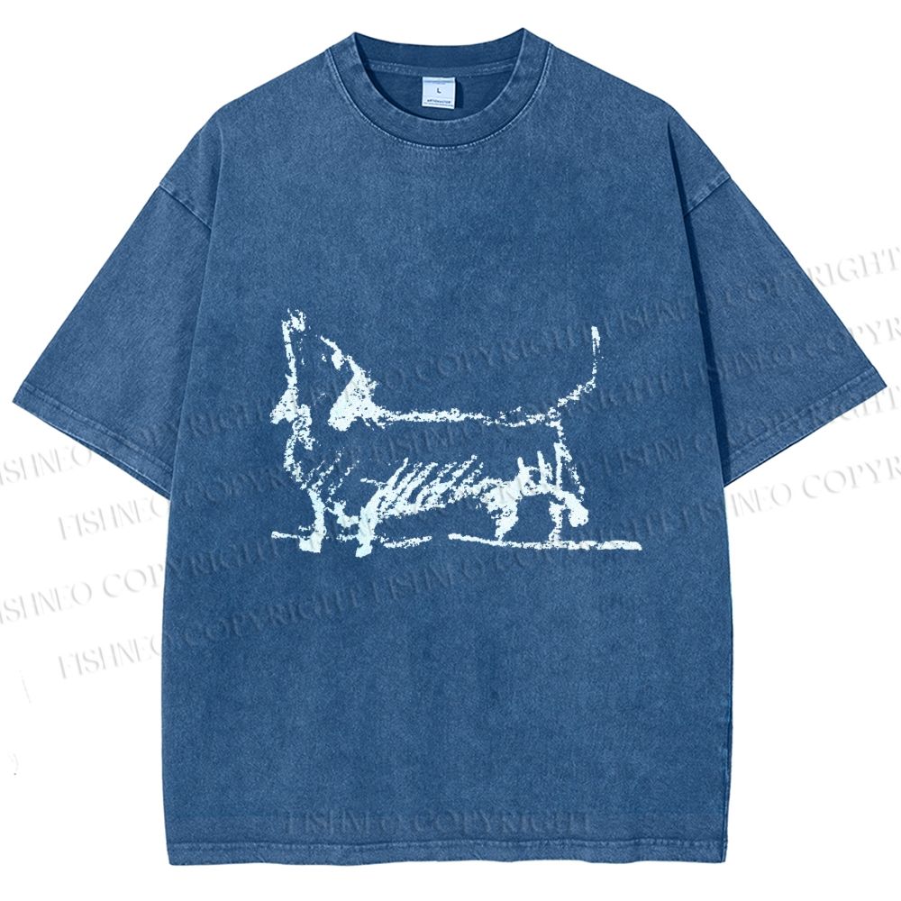 Unisex Dachshund Hand Drawing Dog Printed Washed Tee