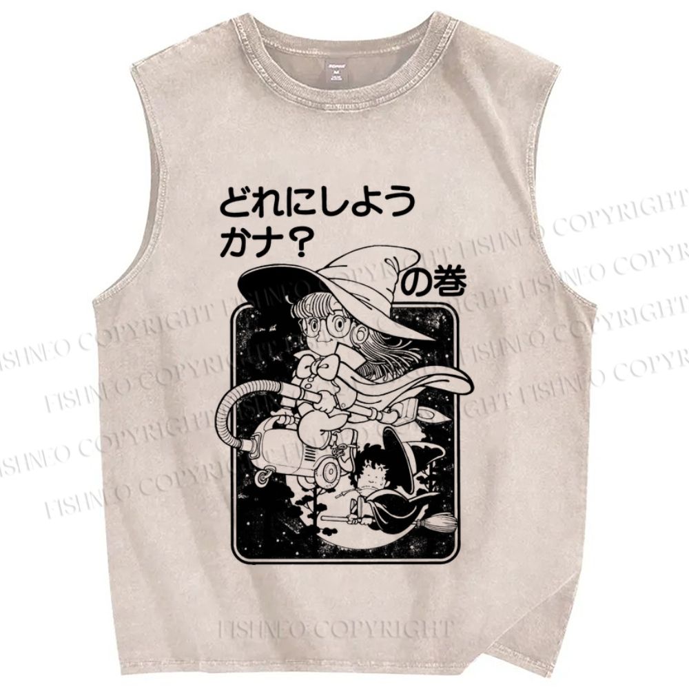 Unisex Arale Norimaki Flying Witch Printed Washed Tank Top