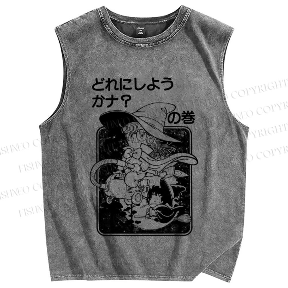 Unisex Arale Norimaki Flying Witch Printed Washed Tank Top