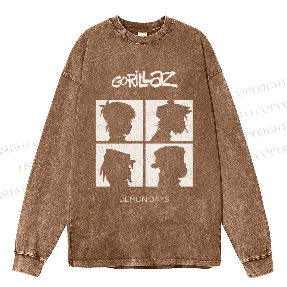 Unisex Casual Washed Gorillaz Demon Days Printed Long Sleeve T-shirt