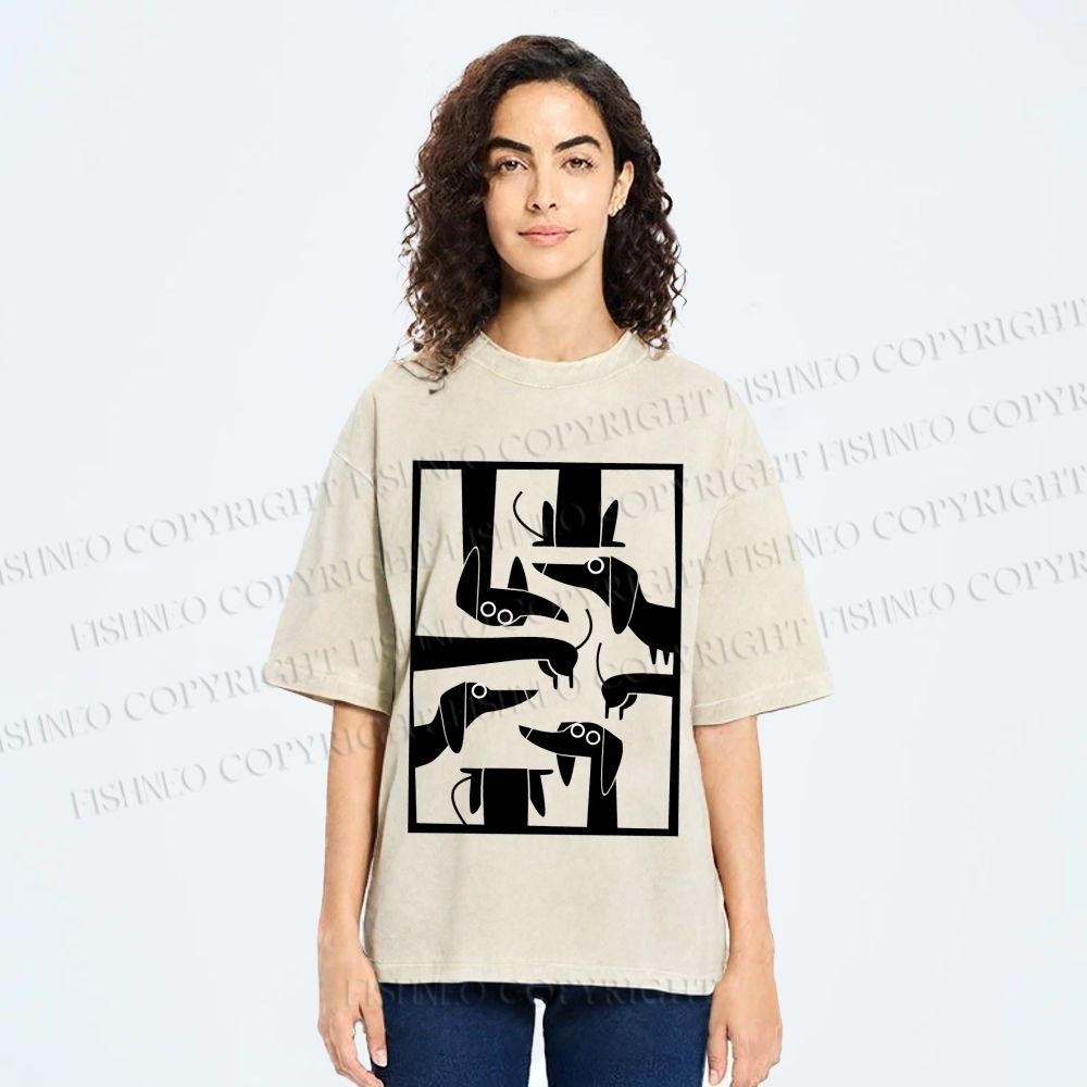 Unisex Geometric Dachshund Dog Printed Washed Tee
