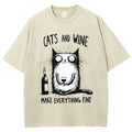 Unisex Cat And Wine Printed Washed Tee