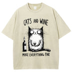 Unisex Cat And Wine Printed Washed Tee