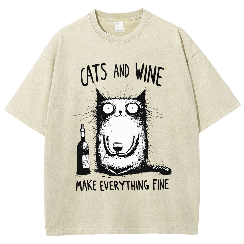 Unisex Cat And Wine Printed Washed Tee