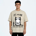 Unisex Cat And Wine Printed Washed Tee