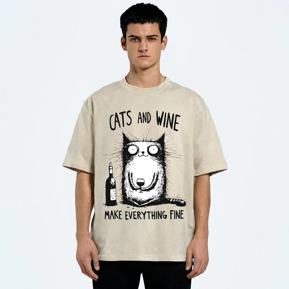 Unisex Cat And Wine Printed Washed Tee