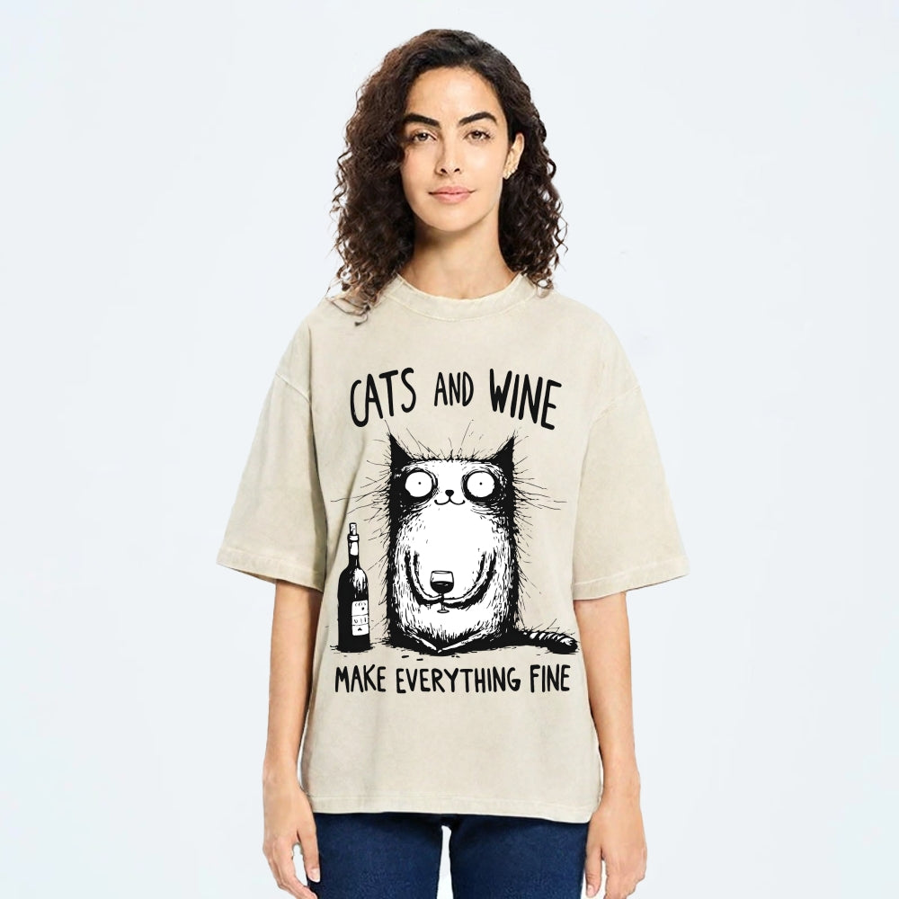 Unisex Cat And Wine Printed Washed Tee