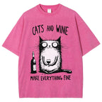 Unisex Cat And Wine Printed Washed Tee