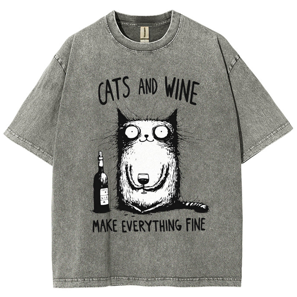 Unisex Cat And Wine Printed Washed Tee