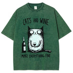 Unisex Cat And Wine Printed Washed Tee