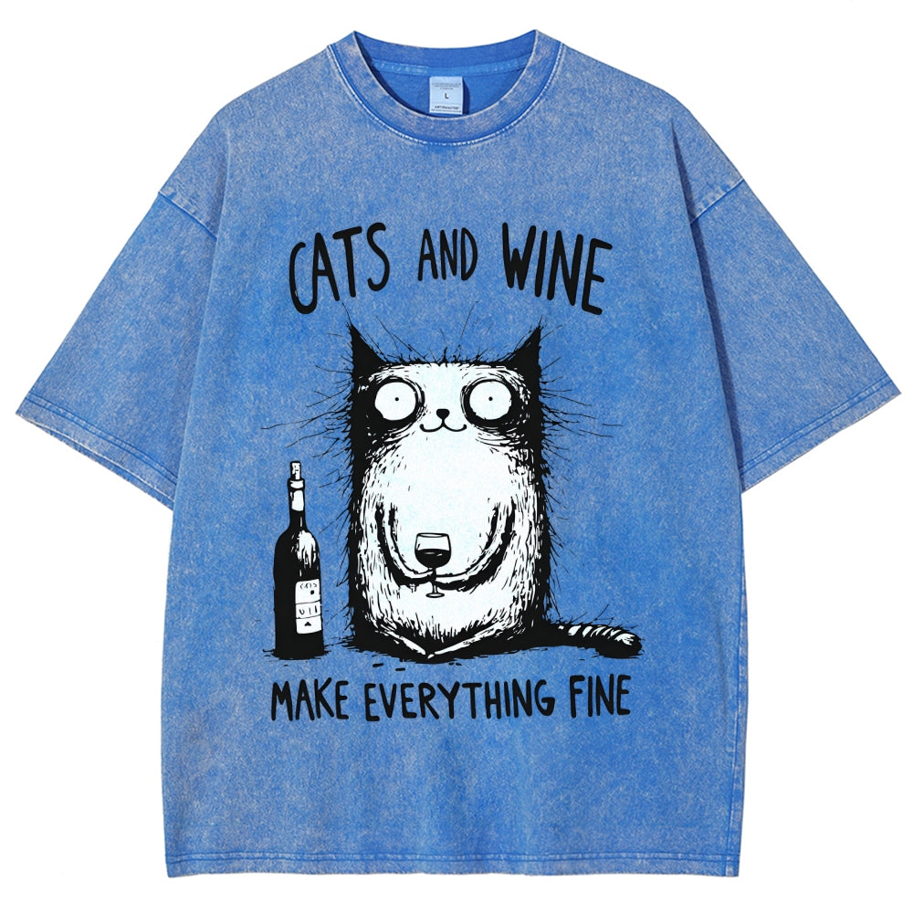 Unisex Cat And Wine Printed Washed Tee