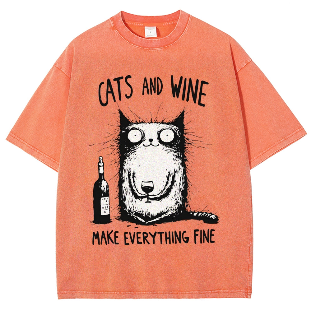 Unisex Cat And Wine Printed Washed Tee
