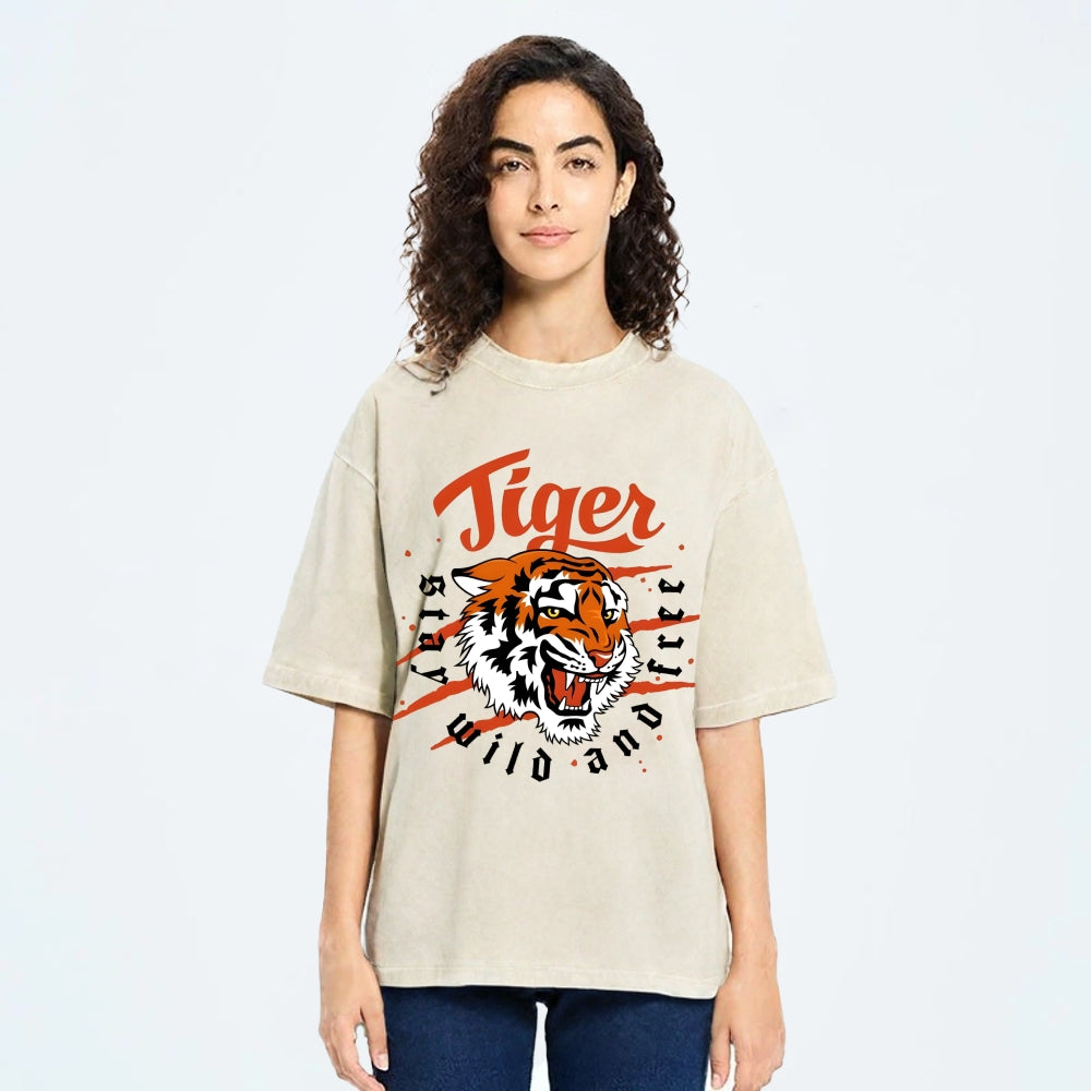 Unisex Tiger Printed Washed Tee