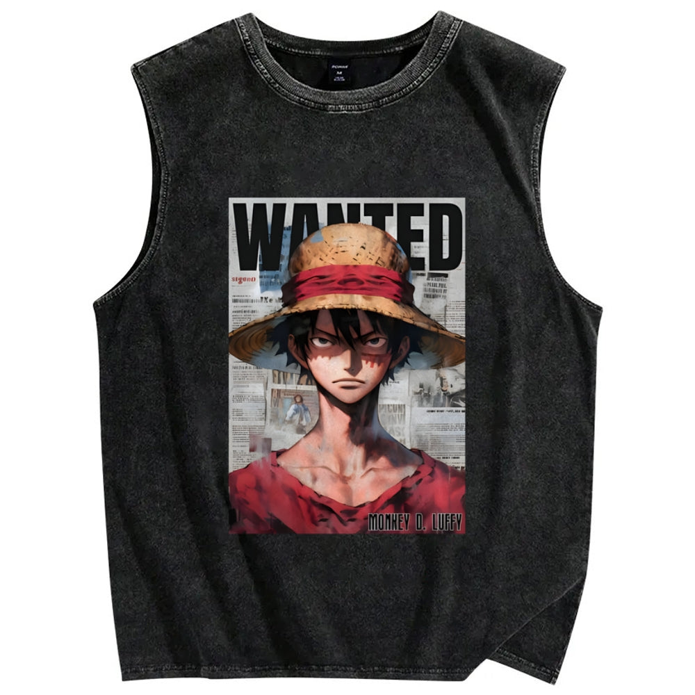 Unisex Vintage Luffy Printed Washed Tank Top