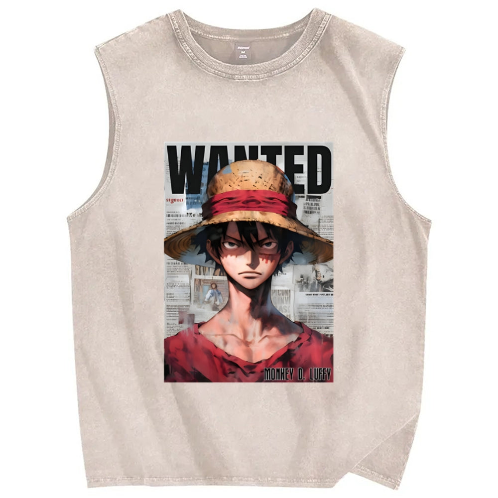 Unisex Vintage Luffy Printed Washed Tank Top