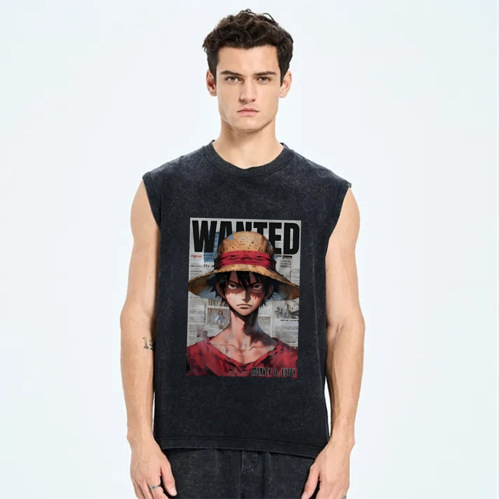 Unisex Vintage Luffy Printed Washed Tank Top
