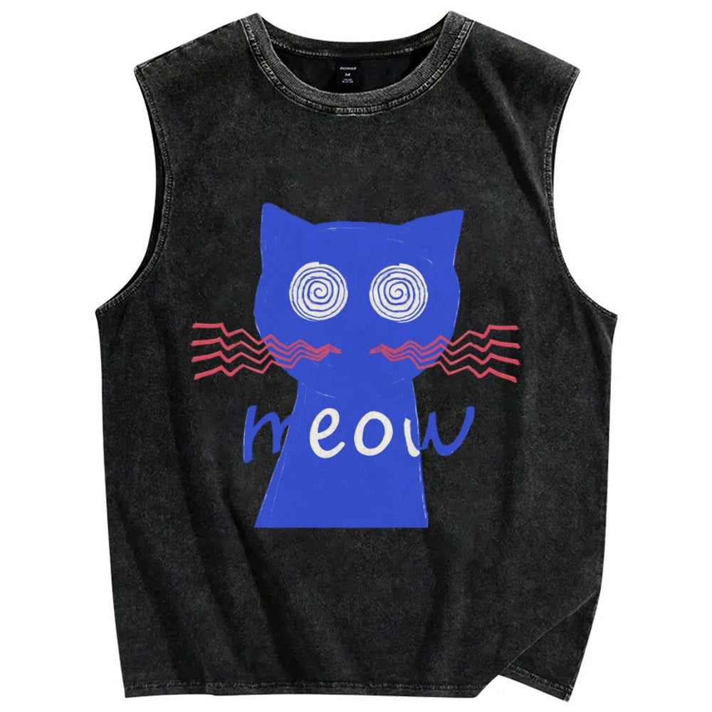 Unisex Meow Cat Printed Washed Tank Top