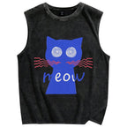 Unisex Meow Cat Printed Washed Tank Top