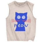 Unisex Meow Cat Printed Washed Tank Top