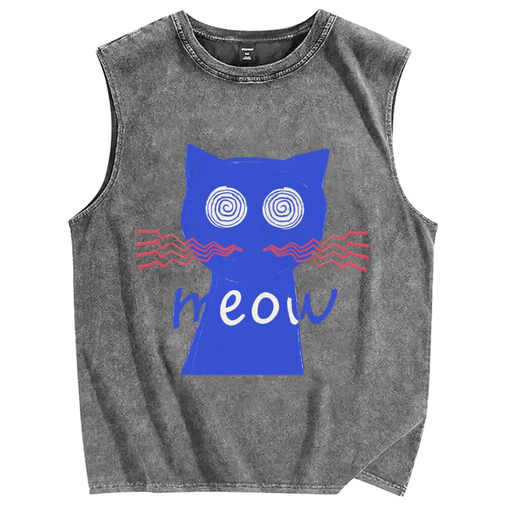 Unisex Meow Cat Printed Washed Tank Top