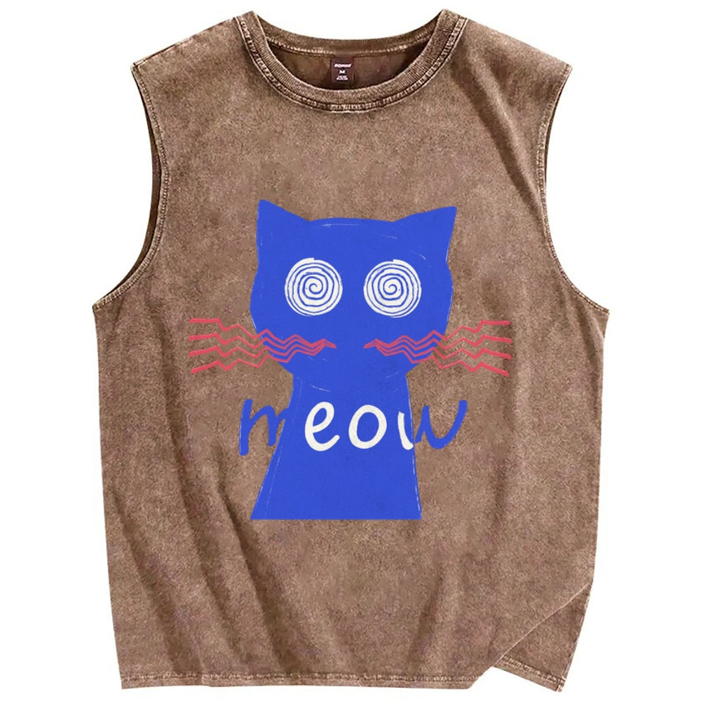 Unisex Meow Cat Printed Washed Tank Top