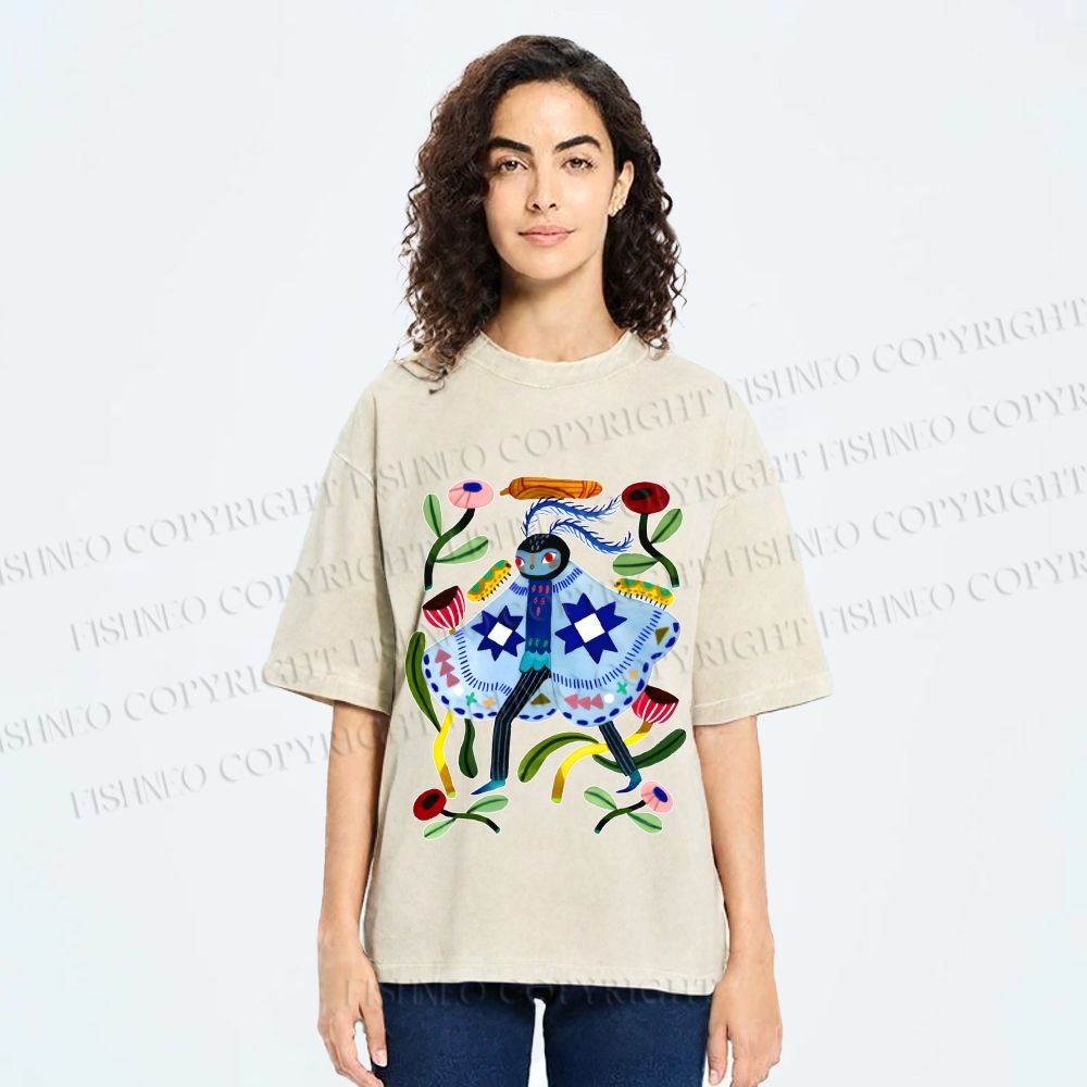 Unisex Blue Moth Graffiti Printed Washed Tee