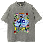 Unisex Blue Moth Graffiti Printed Washed Tee