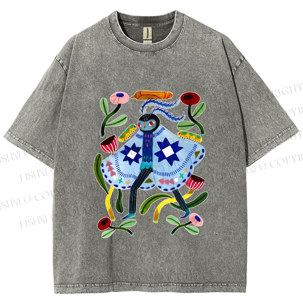 Unisex Blue Moth Graffiti Printed Washed Tee