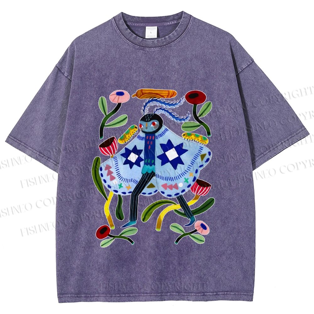 Unisex Blue Moth Graffiti Printed Washed Tee