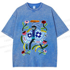Unisex Blue Moth Graffiti Printed Washed Tee