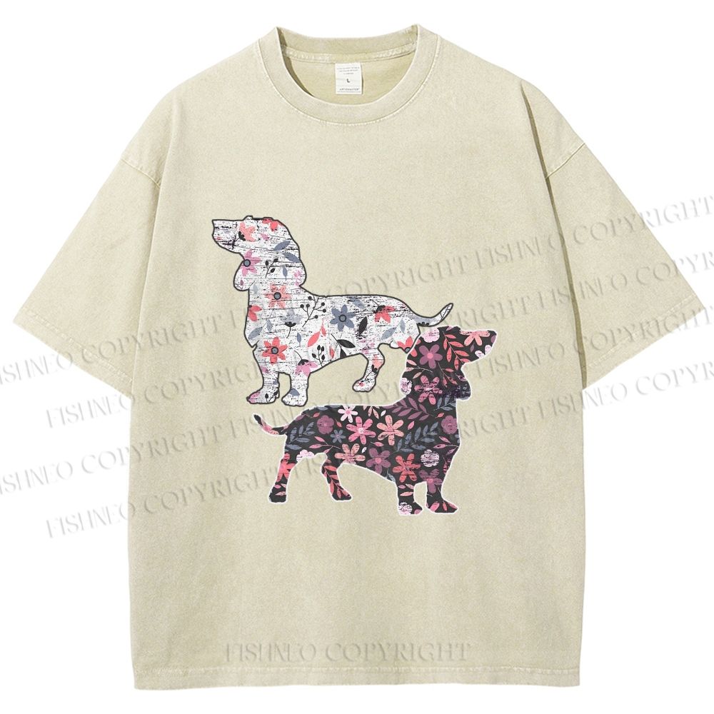 Unisex Two Floral Dachshund Dogs Printed Washed Tee