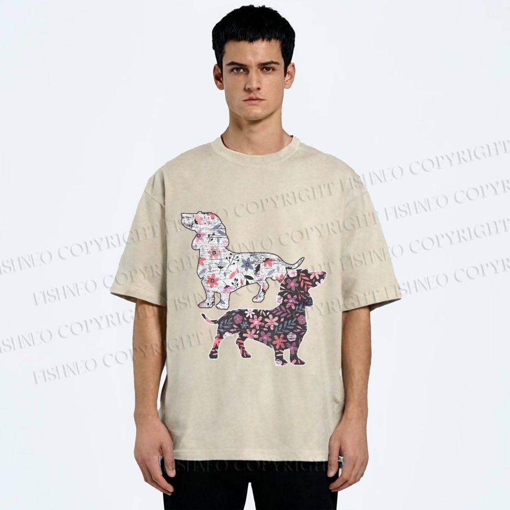 Unisex Two Floral Dachshund Dogs Printed Washed Tee