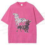 Unisex Two Floral Dachshund Dogs Printed Washed Tee