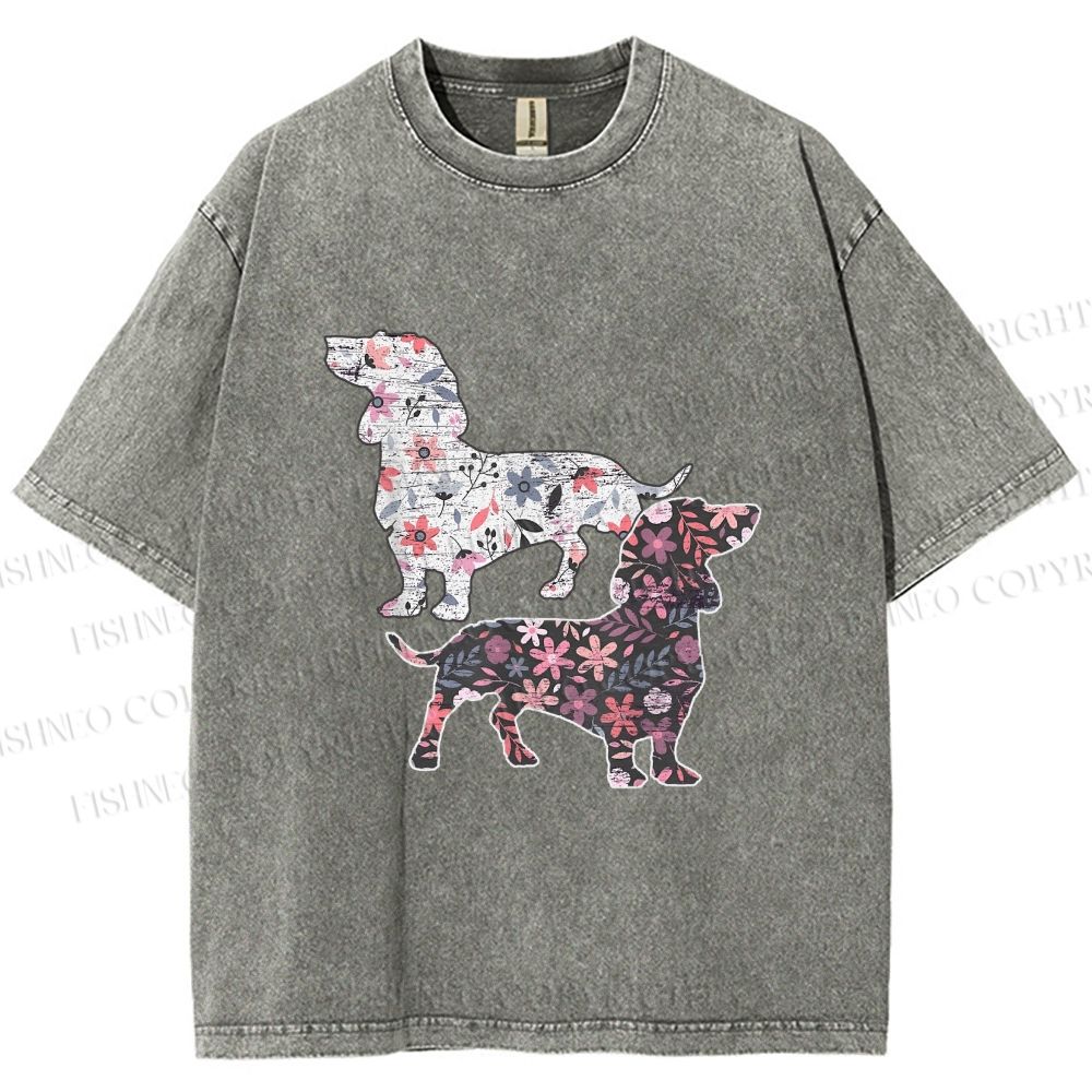Unisex Two Floral Dachshund Dogs Printed Washed Tee