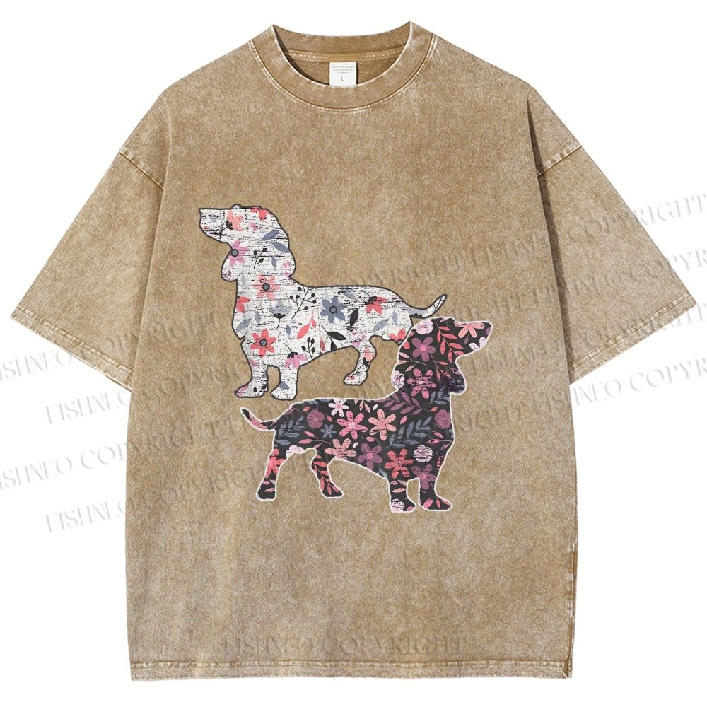 Unisex Two Floral Dachshund Dogs Printed Washed Tee